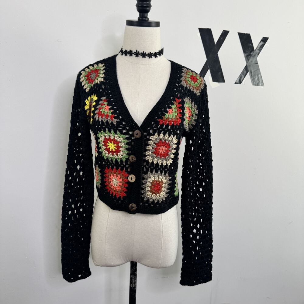Y2K Black Crochet Granny Square Cardigan Sweater Open Knit Patchwork XS